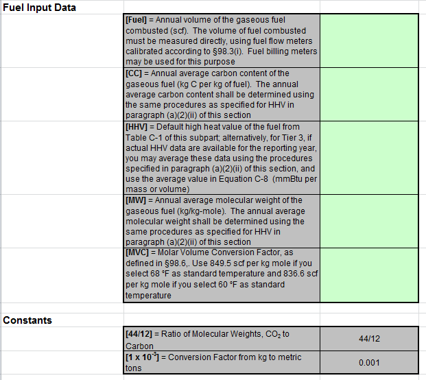 C-5, C-8 Fuel Input Spreadsheet Data Entry into the Green Cells